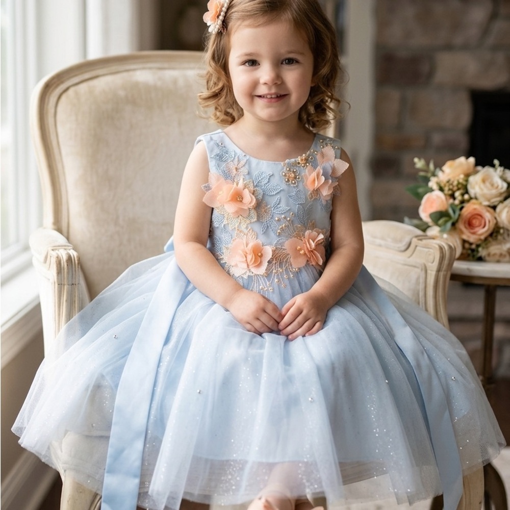 Light Blue Tulle Flower Girl Dress with Peach Appliqués 12 months